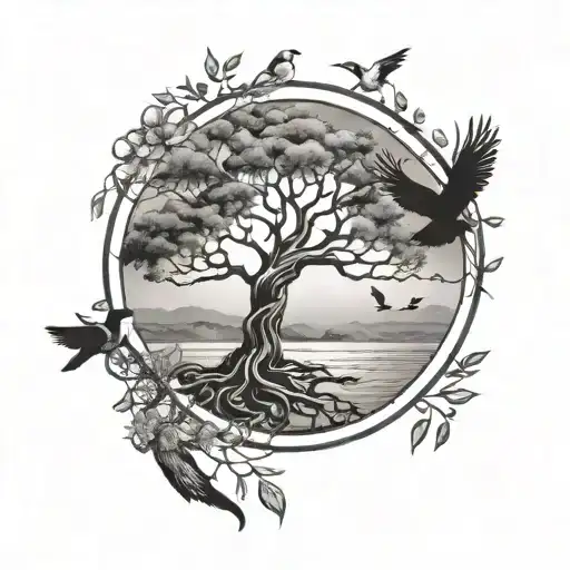 tree of life peace freedom with birds reflecting love and purity on the coast tattoo design idea