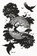 tree of life peace freedom with birds reflecting love and purity on the coast tattoo design idea