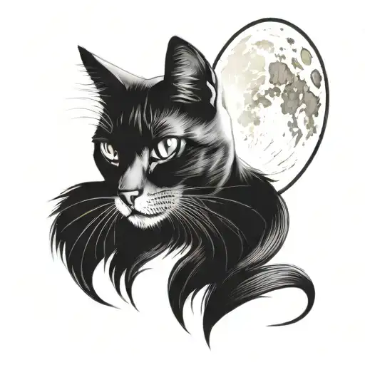 Design a tattoo of a cat portrait style on a blackwork illustrative moon, and a cat portrait style on a blackwork illust tattoo design idea