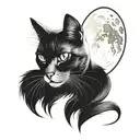 Design a tattoo of a cat portrait style on a blackwork illustrative moon, and a cat portrait style on a blackwork illust tattoo design idea