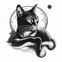 Design a tattoo of a cat portrait style on a blackwork illustrative moon, and a cat portrait style on a blackwork illust tattoo design idea