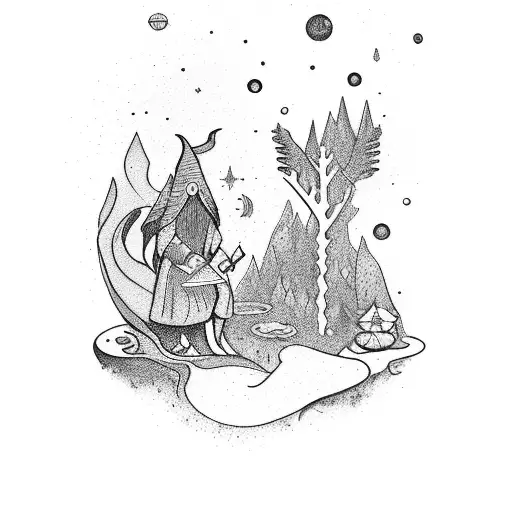 Forest wizard crafting a cosmic potion tattoo design idea