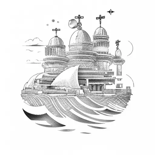 ancient greek Mediterranean sea side town greek architecture clouds waves universe solar system tattoo design idea