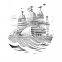 ancient greek Mediterranean sea side town greek architecture clouds waves universe solar system tattoo design idea
