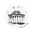 ancient greek Mediterranean sea side town greek architecture clouds waves universe solar system tattoo design idea