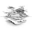 ancient greek Mediterranean sea side town greek architecture clouds waves universe solar system tattoo design idea