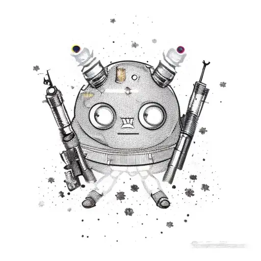 A tediore gun with legs sitting, very cute with sparkles. a worn out, damaged, faded sign that says tediore under it tattoo design idea