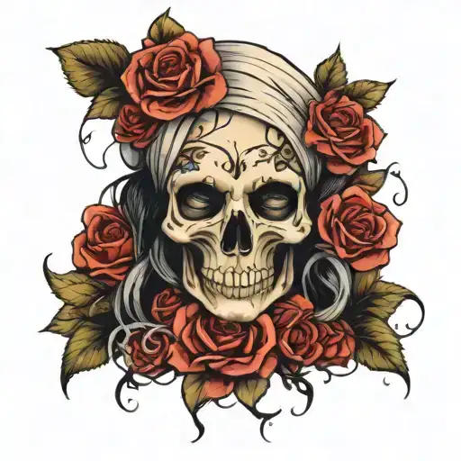 woman hold a skull with roses and a vine wrapped around her head tattoo design idea