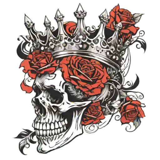 skull with a wide open mouth and a crown, half-sided view, roses instead of eyes tattoo design idea