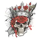 skull with a wide open mouth and a crown, half-sided view, roses instead of eyes tattoo design idea