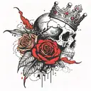 skull with a wide open mouth and a crown, half-sided view, roses instead of eyes tattoo design idea