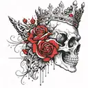 skull with a wide open mouth and a crown, half-sided view, roses instead of eyes tattoo design idea