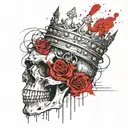 skull with a wide open mouth and a crown, half-sided view, roses instead of eyes tattoo design idea