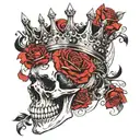 skull with a wide open mouth and a crown, half-sided view, roses instead of eyes tattoo design idea