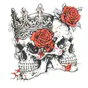 skull with a wide open mouth and a crown, half-sided view, roses instead of eyes tattoo design idea