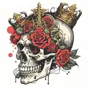 skull with a wide open mouth and a crown, half-sided view, roses instead of eyes tattoo design idea