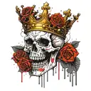 skull with a wide open mouth and a crown, half-sided view, roses instead of eyes tattoo design idea