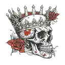 skull with a wide open mouth and a crown, half-sided view, roses instead of eyes tattoo design idea