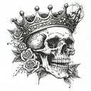 skull with a wide open mouth and a crown, half-sided view, roses instead of eyes tattoo design idea