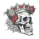 skull with a wide open mouth and a crown, half-sided view, roses instead of eyes tattoo design idea