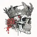 skull with a wide open mouth and a crown, half-sided view, roses instead of eyes tattoo design idea