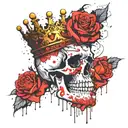 skull with a wide open mouth and a crown, half-sided view, roses instead of eyes tattoo design idea