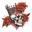 skull with a wide open mouth and a crown, half-sided view, roses instead of eyes tattoo design idea