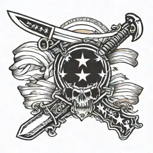 bayonet, ax, american flag intertwined tattoo design idea