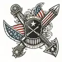 bayonet, ax, american flag intertwined tattoo design idea