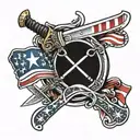 bayonet, ax, american flag intertwined tattoo design idea
