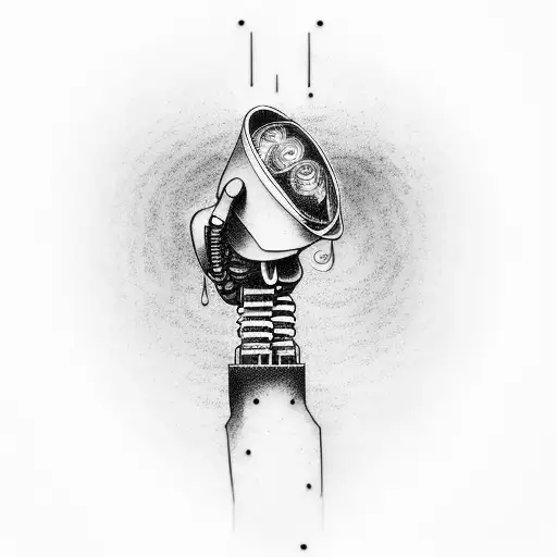 A tattoo of a robotic arm holding a coffee mug with the lyrics from 'Rain' by Sleep Token tattoo design idea