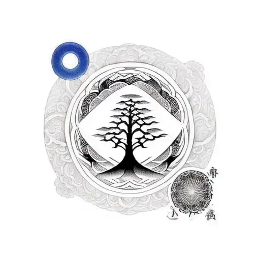 enso with tree of life and mandala and word breath as well as waves tattoo design idea