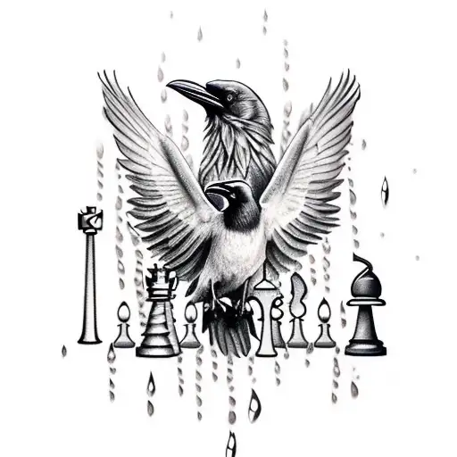 raven and chess pieces and rain and cinnamon sticks tattoo design idea