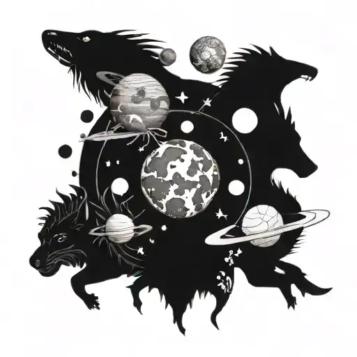 parade of planets with mythical animals tattoo design idea