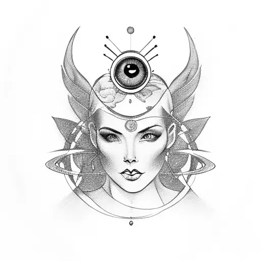 pinup outline of a beautiful woman with the head of an Ophanim and rings of eyes surrounding tattoo design idea