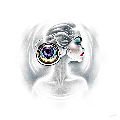 pinup outline of a beautiful woman with the head of an Ophanim and rings of eyes surrounding tattoo design idea