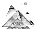 Generate a tattoo design featuring the Pyramids of Giza merging with the Manhattan skyline. Include vibrant colors to hi tattoo design idea