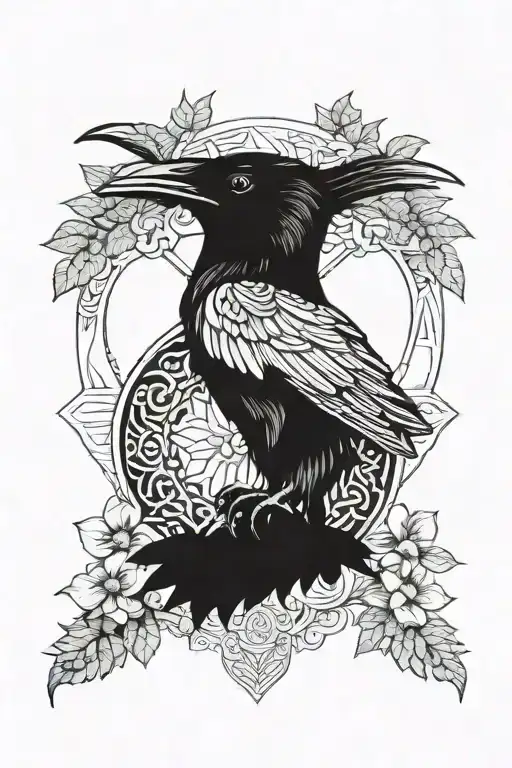 raven Viking tattoo with mandalas for throat surrounded by plants tattoo design idea