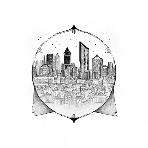 An intricate blackwork design of the Fort Worth skyline tattoo design idea