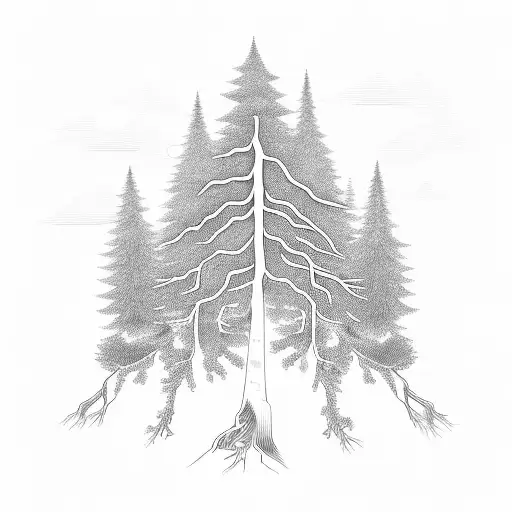 upside down pine trees with roots that are connected like telephone poles tattoo design idea