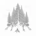 upside down pine trees with roots that are connected like telephone poles tattoo design idea