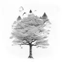 upside down pine trees with roots that are connected like telephone poles tattoo design idea