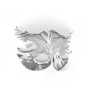 upside down pine trees with roots that are connected like telephone poles tattoo design idea
