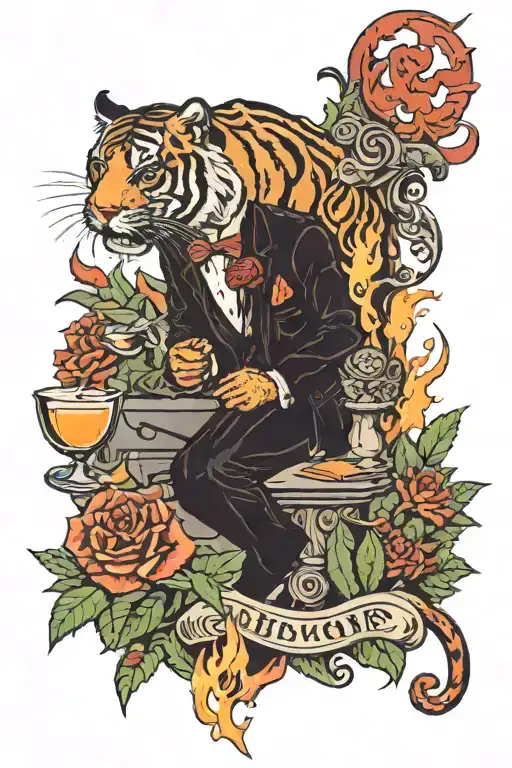 tiger, Staircase with flames, Reaper with flower in hand, Smoking Boxing frog, cactus and Spilled cocktail tattoo design idea