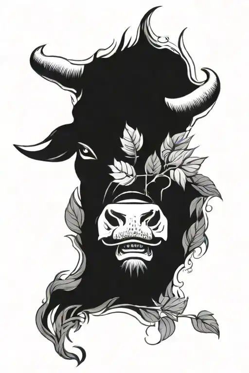 bull head with rosés and leafs spreading tattoo design idea