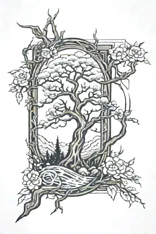 Arm sleeve black of lightning and tree and Dear tattoo design idea