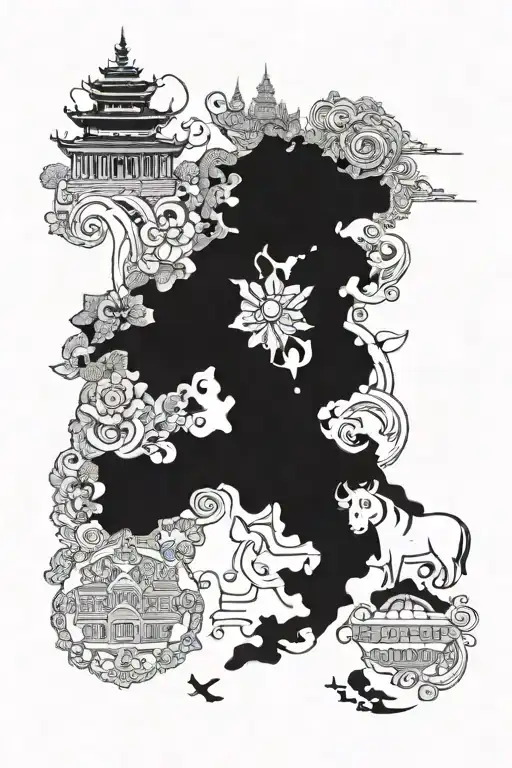 The perfect 3/4 arms black and white tattoo with elements of countries: italy, Portugal, Laos, Camboja, Vietnam, Indones tattoo design idea