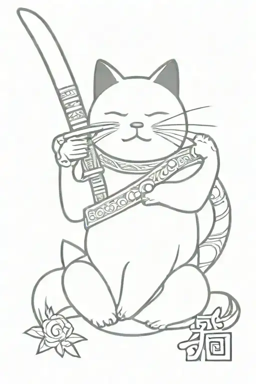 Asia, maneki-neko, katana sword tattoo design idea