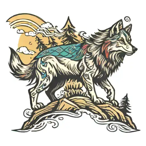 mountain river wolf howling tattoo design idea