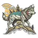 mountain river wolf howling tattoo design idea
